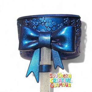 Metallic Blue Flower Tumbler Boot & Metallic Blue Shimmer Bow Straw Topper Set